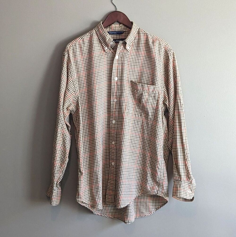 Vintage Nautica Mens Medium Brown Lightweight Flannel Shirt 90s Crest Logo L/S